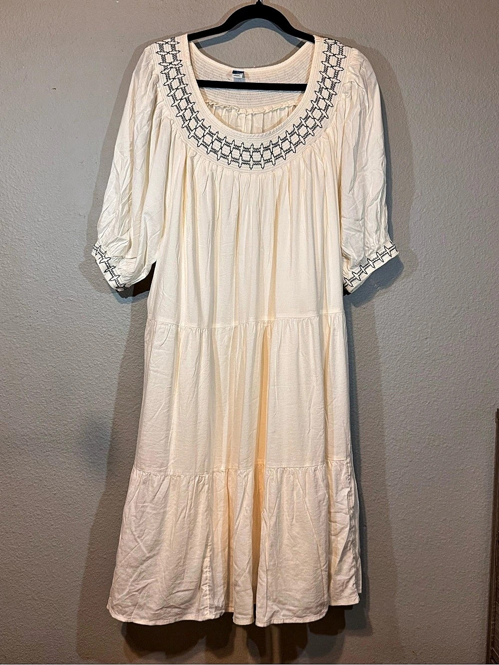 Vintage Style Boho Cottagecore Cream Embroidered Peasant Plus-Size Dress